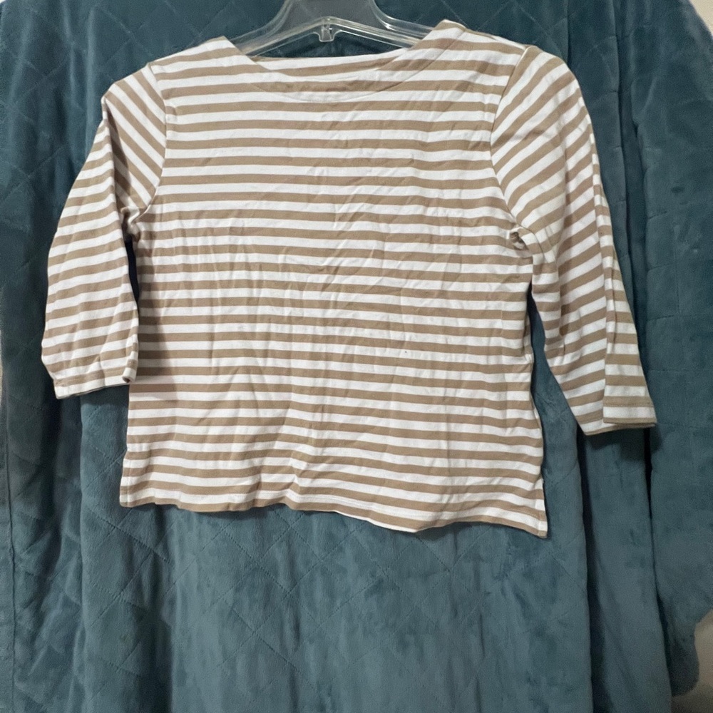 Women's Appleseed's Medium Petite Striped Tan and White Blouse